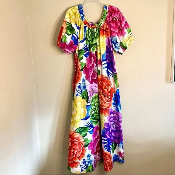 NEW FARM Rio Rainbow Chita Off Shoulder Maxi Dress Puff Sleeve Pink Floral L/XL - Picture 5 of 16